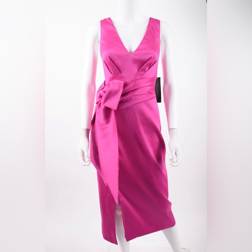 Aidan Mattox pink flame satin bow sash sheath V neck Homecoming Dress NWT small